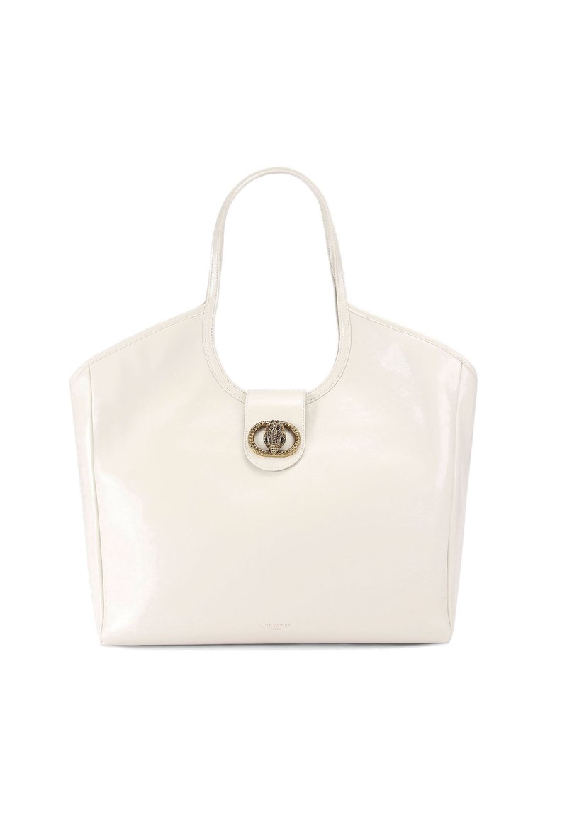 Biała torebka tote z lakierowanej skóry o zaokrąglonym kształcie, z zapięciem w kolorze złota i eleganckim, minimalistycznym designem. Gładka struktura z solidnymi uchwytami.