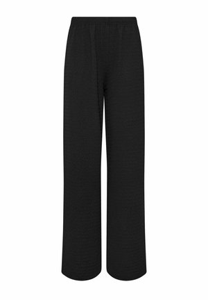 Black textured wide-leg pants with an elastic waistband, shown from the front on a white background.