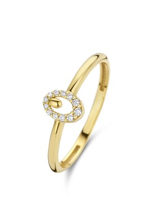 Goldring mit ovalem Design, zentralem Akzent und umliegenden kleinen klaren Steinen, glatter Band und polierter Oberfläche.