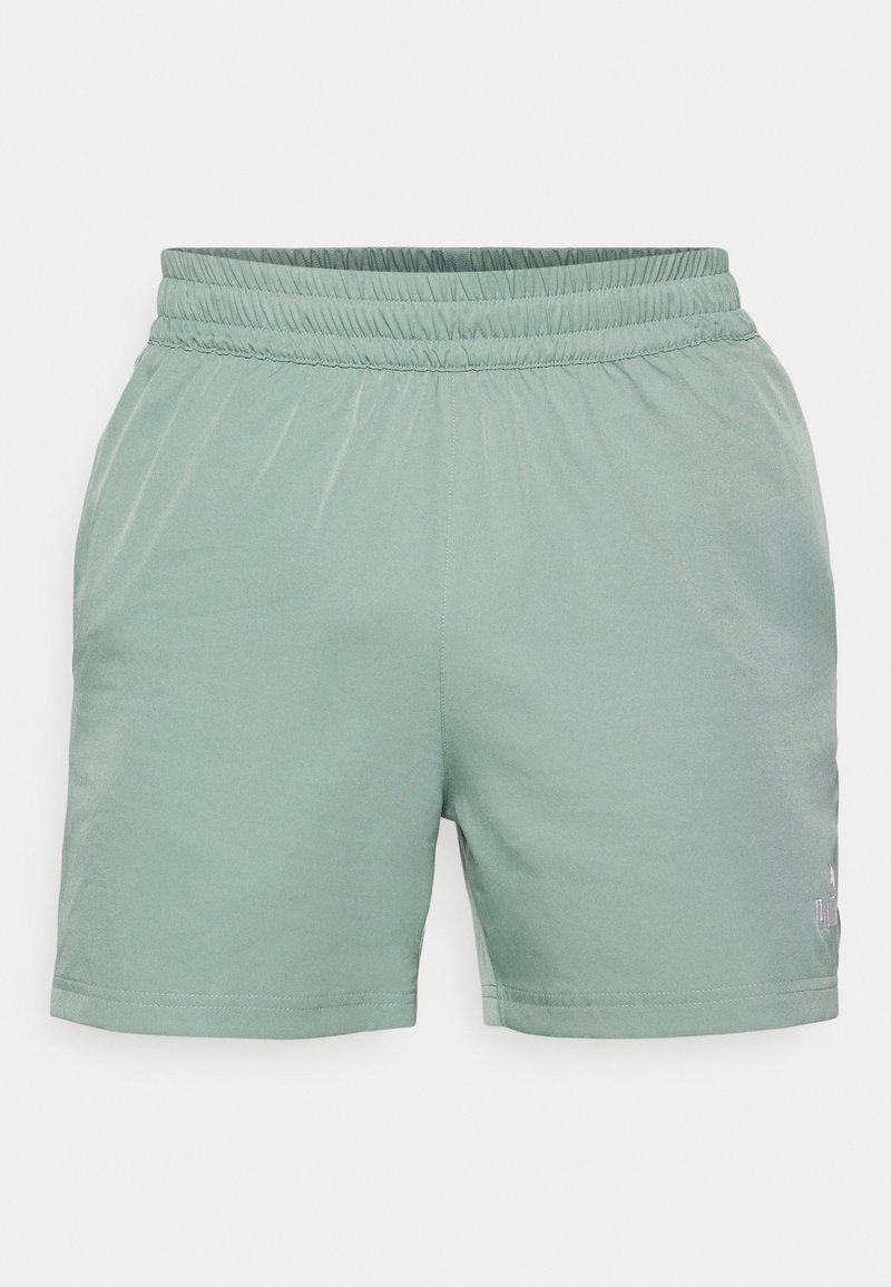 Pantalones cortos deportivos de color verde menta con una cintura elástica, textura suave y detalles mínimos. Presenta un pequeño logo en la parte inferior derecha.