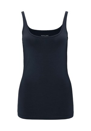 Marineblaues Trägershirt mit dünnen Trägern, aus einem weichen Baumwoll-Mischgewebe gefertigt. Hat einen runden Halsausschnitt und eine enganliegende Silhouette ohne Verzierungen.