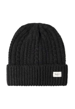 Berretto nero lavorato a maglia con texture a coste, presenta un risvolto. Include una piccola etichetta del marchio bianca. Materiale morbido e caldo.