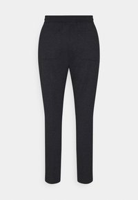 Pantalon gris foncé à jambes droites avec taille élastique et deux poches arrière, montré de dos sur un fond uni.