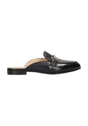 Black leather slip-on shoes with a rounded toe, low heel, and decorative hardware detail on the front. Smooth texture and minimal design.