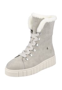 Graue Wildleder-Stiefeletten mit weißem Kunstfellkragen, runder Zehenpartie und dekorativen Schnürungen. Verfügt über eine strukturierte weiße Gummisohle und metallische Akzente.