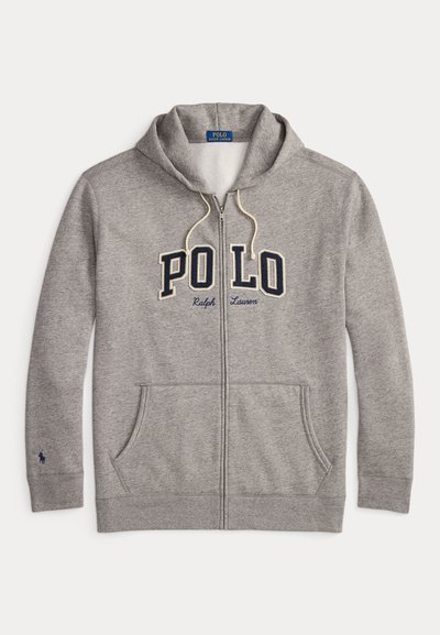 Grå zip-up hoodie av mjukt tyg med en frontlogotyp "POLO Ralph Lauren", två framfickor och huva med dragsko.