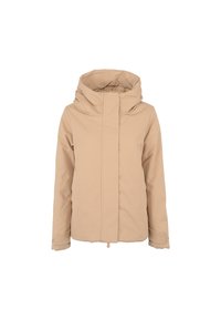 Beige, gewatteerde jas gemaakt van glad materiaal met een rechte snit, voorkant met ritssluiting en zijzakken, met een minimalistisch ontwerp en geen zichtbare patronen.