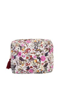 Necessaire con motivo floreale su sfondo bianco, caratterizzato da fiori colorati e farfalle, rifinito con un accento in frange bordeaux.