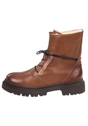 Brown leather ankle boot with laces, fleece lining, textured rubber sole, and minimal stitching details; solid design with classic shape.