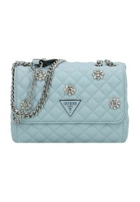 Borsa a tracolla trapuntata di colore blu chiaro con catena argentata, adornata con decorazioni floreali e un logo triangolare sul davanti.