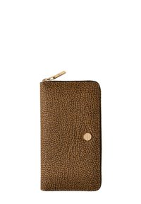 Brown textured wallet made of leather with a zip closure, featuring a gold-tone hardware detail and a circular logo accent on the front.