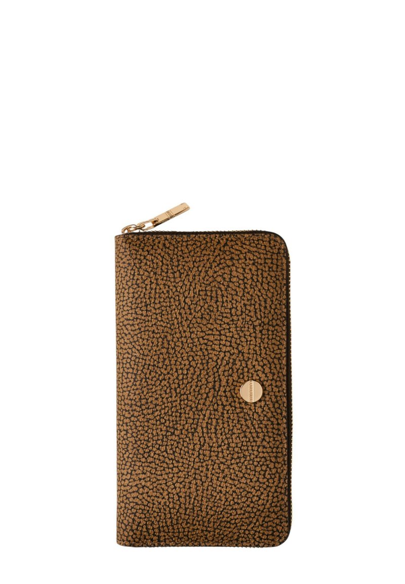 Brown textured wallet made of leather with a zip closure, featuring a gold-tone hardware detail and a circular logo accent on the front.