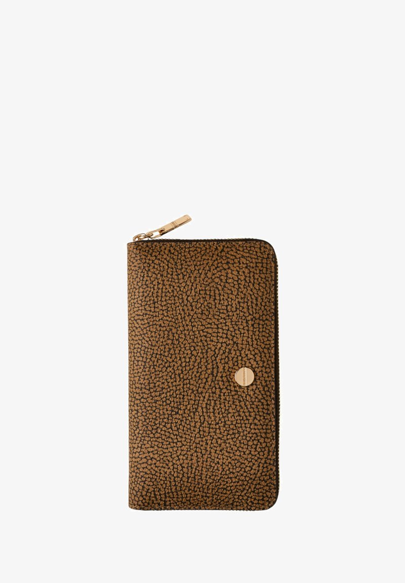 Brown textured wallet made of leather with a zip closure, featuring a gold-tone hardware detail and a circular logo accent on the front.