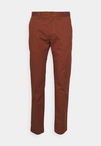 Brown cotton chinos with a straight leg design, featuring a button closure and belt loops. Smooth texture and no visible patterns.