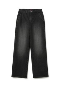 Jeans de pierna ancha negros hechos de denim. Cuenta con cinco bolsillos, un cierre de botón y cremallera, y una sutil textura desgastada.