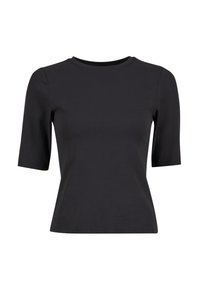 Haut noir ajusté à manches courtes avec un col rond, tissu lisse et une taille légèrement cintrée, présenté sur un fond blanc.