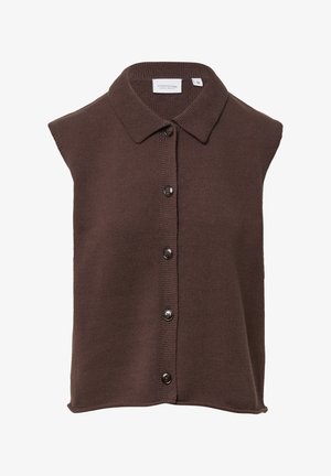 Brauner gestrickter ärmelloser Oberteil mit Kragen und vorderer Knopfleiste, versehen mit einem strukturierten Stoff und abgerundetem Saum.