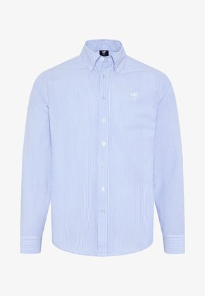 Blue and white striped long-sleeve dress shirt with a button-down collar, featuring a chest pocket and white buttons.