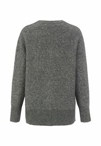 Achteraanzicht van een grijze gebreide trui met lange mouwen, met geribbelde boorden en Zoom op een plain witte achtergrond.