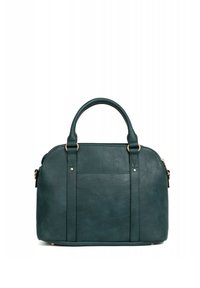 Borsa in pelle color teal con forma arrotondata, doppi manici superiori, chiusura con zip e tasca frontale. Il design è accentuato da hardware di colore oro.