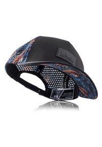 Black cap with a dark textured front, colorful tropical pattern on the brim, adjustable strap, and mesh lining for ventilation.