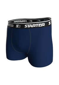 Navy blue boxer briefs made of smooth fabric, featuring a black waistband with white "STARTER" logo and contrasting stitching details.