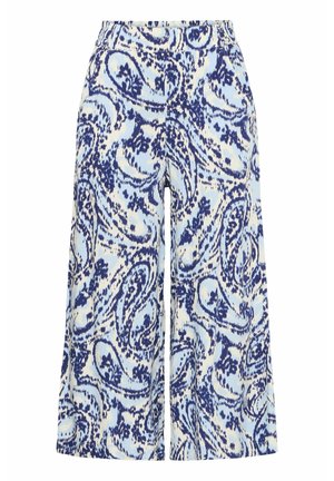Modré a biele potlačené culottes s paisley vzorom, ktorý má široké nohavice a elastický pás pre pohodlie.