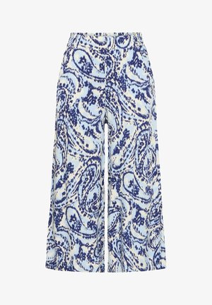 Modré a biele potlačené culottes s paisley vzorom, ktorý má široké nohavice a elastický pás pre pohodlie.