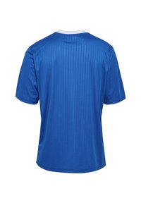 Blå sporttröja med korta ärmar, med en strukturerad ribbad design och en vit rund halsringning. Ryggvyn visar slätt tyg.