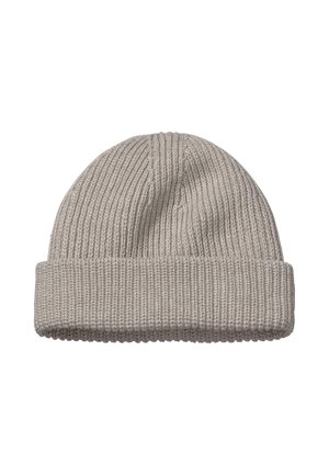 Graue Strickmütze mit geripptem Design und umgeschlagenem Bund. Das Design ist schlicht und nahtlos, gefertigt aus einem weichen, flexiblen Stoff.