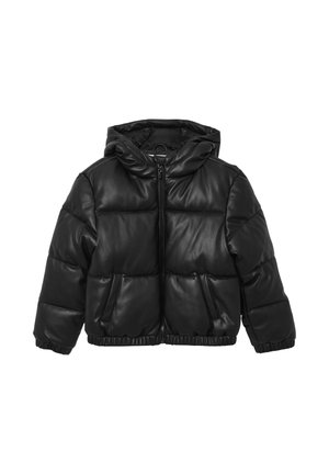 Schwarze Kunstleder-Pufferjacke mit Kapuze, Reißverschluss, elastischen Bündchen und Saum. Verfügt über zwei Fronttaschen und ein gesteppter Muster.