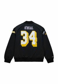 Schwarze Bomberjacke mit "O'NEAL" und der Nummer "34" in Gelb auf dem Rücken, mit "LOS ANGELES LAKERS" auf dem Ärmel gestickt.