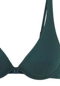 Temnozeleni rebrasti bikini zgornji del s trikotno obliko, nastavljivimi naramnicami in varnim zapiranjem na hrbtu.