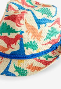 Barnhatt av halm med dinosaurie-mönster i röd, blå, grön och orange. Den har ett blått vävt band runt basen.