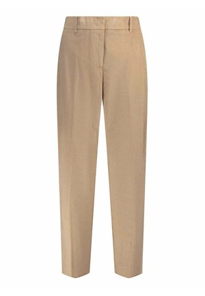 Pantaloni beige in velluto a coste con gambe affusolate, passanti per cintura e chiusura frontale con zip, progettati per una vestibilità aderente e sartoriale.