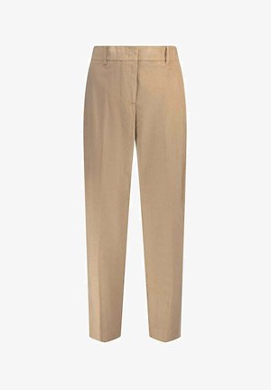 Pantalon en velours côtelé beige avec jambes fuselées, passants de ceinture et fermeture éclair à l'avant, conçu pour une coupe slim et ajustée.