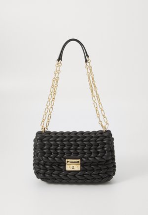 Black woven handbag with a gold chain strap and rectangular metal closure. Smooth texture with a structured shape and prominent weave pattern.