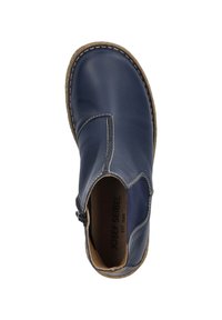 Marine leren enkellaars met gestikte details en een zijrits, met een tan binnenzool en een lichtbruine rubberen zool.