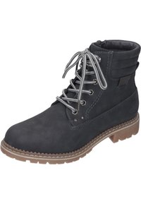 Bottines noires en daim avec bout rond, lacets gris et semelle en caoutchouc marron contrastante. Présente un col rembourré et des détails de couture décoratifs.