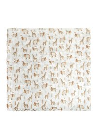 Cotton muslin blanket featuring a light background with brown animal and foliage patterns, including lions, giraffes, and zebras.