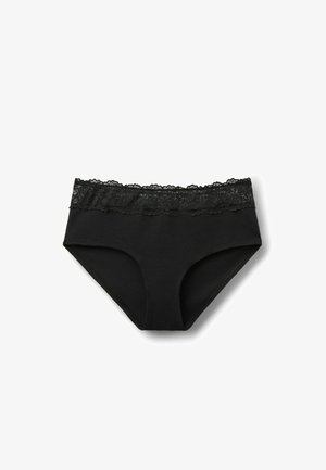Braguitas de bikini para mujer negras con cintura ancha de encaje sobre fondo blanco.