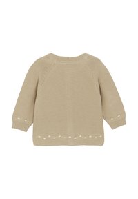 Beige gestrickter Pullover mit langen Raglanärmeln, strukturiertem Stoff, Rundhalsausschnitt und dekorativen weißen Bobbel-Details an Saum und Bündchen.