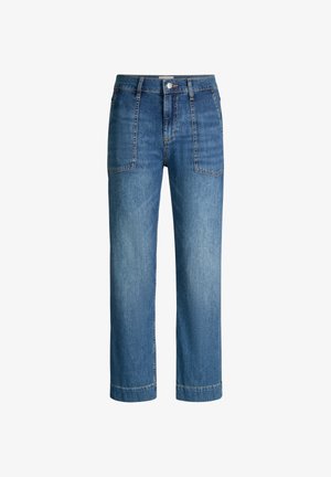 Jeans in denim blu a gamba dritta con tasche applicate frontali, passanti per cintura, cerniera e chiusura con bottone.