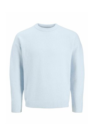 Lyseblå sweater lavet af et blødt materiale. Har en rund hals, ribbede manchetter og kant, med en afslappet pasform og et minimalistisk design.