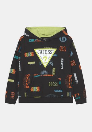 Felpa nera con interno verde, caratterizzata da loghi e grafiche colorate "GUESS", tasca frontale e polsini a coste.