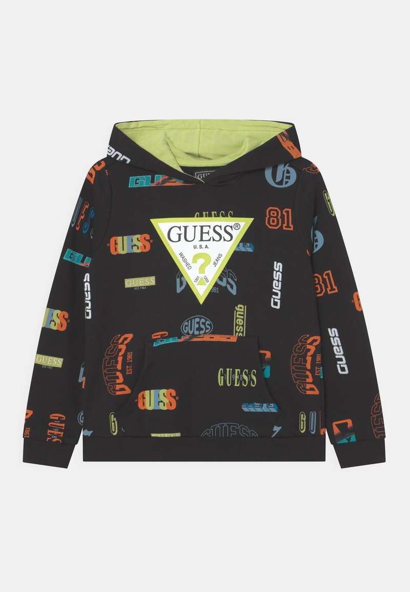 Felpa nera con interno verde, caratterizzata da loghi e grafiche colorate "GUESS", tasca frontale e polsini a coste.