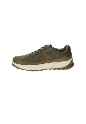 Olive green sneaker with mesh and leather upper, gray laces, thick white midsole, and brown outsole, shown from the outer side.