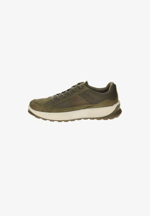 Olive green sneaker with mesh and leather upper, gray laces, thick white midsole, and brown outsole, shown from the outer side.