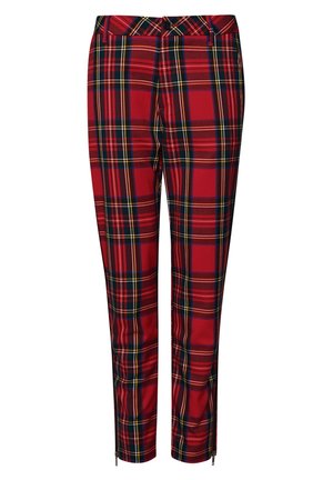 Rode slim-fit broek met veelkleurig tartan ruitpatroon, knoop aan de voorkant, riemlussen en ritsen bij de enkels.