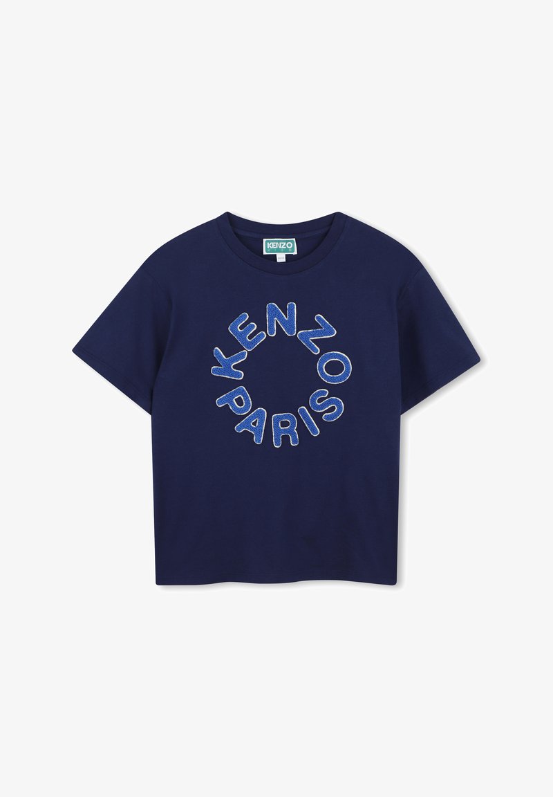 T-shirt en coton bleu marine avec un logo bouclé brodé en bleu, manches courtes et col rond classique.
